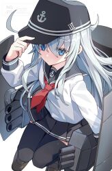 1girl black_sailor_collar black_skirt black_thighhighs blue_eyes brown_shoes flat_cap hat hibiki_(kancolle) highres kantai_collection long_sleeves looking_at_viewer neckerchief pleated_skirt red_neckerchief sailor_collar sailor_shirt school_uniform serafuku shirt shoes simple_background skirt solo thighhighs torpedo_tubes tsugutoku watermark white_background white_hair white_shirt