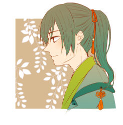 1boy bokujou_monogatari bokujou_monogatari:_mittsu_no_sato_no_taisetsuna_tomodachi border branch brown_background chinese_knot closed_mouth cropped_shoulders green_hair green_kimono hair_between_eyes japanese_clothes kimono leaf long_hair male_focus orange_eyes ponytail profile salad726 smile solo white_border yuzuki_(bokujou_monogatari)