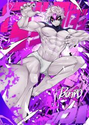 1boy abs barefoot beardmangakaguy black_nails closed_mouth colored_skin commentary copyright_name dandadan earrings english_commentary enjoji_jin evil_eye_(dandadan) foot_out_of_frame grey_hair grey_skin highres jewelry kicking male_focus male_underwear muscular muscular_male no_pants pectorals possessed purple_eyes short_hair solo third_eye topless_male underwear