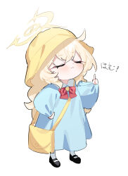 1girl :3 absurdres aged_down bag black_shoes blonde_hair blue_archive blue_shirt blush bow bowtie closed_eyes commentary full_body halo hat highres honi_(honi1010) kindergarten_uniform long_hair long_sleeves pointing pointing_up professor_niyaniya_(blue_archive) red_bow red_bowtie school_hat shirt shoes shoulder_bag smock socks solo standing symbol-only_commentary translation_request white_socks yellow_bag yellow_halo yellow_hat
