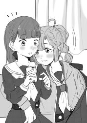 Rule 34 | 2girls, :3, anyoji hime, arm around waist, blunt sidelocks, commentary, curtains, dress, greyscale, hasu no sora school uniform, highres, holding, holding phone, indoors, kachimachi kosuzu, leaning on person, leaning to the side, link! like! love live!, long hair, long sleeves, looking at phone, love live!, medium dress, monochrome, multi-tied hair, multiple girls, namazakana kuenai, neckerchief, notice lines, open mouth, phone, pleated dress, ponytail, sailor collar, sailor dress, school uniform, sidelocks, sitting, virtual youtuber, winter uniform
