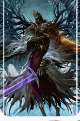 1boy aqua_background border bracelet brown_cape cape character_name commentary crown dark_souls_(series) dark_souls_iii english_commentary english_text faceless faceless_male feet_out_of_frame glowing glowing_sword glowing_weapon gold_trim grey_sleeves highres holding holding_sword holding_weapon jewelry pontiff_sulyvahn red_robe robe snowing sword torn torn_clothes torn_sleeves tworain_w undead weapon white_border wide_sleeves
