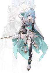 1girl absurdres aqua_cape armor black_thighhighs blue_eyes blue_hair bodysuit breasts cape detached_sleeves dreizehn_(shadowverse) faulds gloves gun highres holding holding_gun holding_weapon hood hooded_cape leg_armor looking_at_viewer medium_hair partially_fingerless_gloves shadowverse shadowverse:_worlds_beyond shoulder_armor solo thighhighs two-sided_cape two-sided_fabric weapon white_cape white_gloves wuzhu_nis