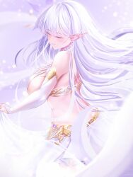1girl absurdres albion_(azur_lane) azur_lane breasts bridal_gauntlets bug butterfly butterfly_hair_ornament closed_eyes elbow_gloves elf from_side gem gloves gold hair_ornament highres insect large_breasts long_hair o7fian pointy_ears purple_butterfly purple_gemstone revealing_clothes sideboob skirt solo very_long_hair white_gloves white_hair white_skirt