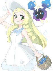 Rule 34 | 1girl, basket, blonde hair, braid, closed mouth, cosmog, creatures (company), dress, game freak, gen 7 pokemon, green eyes, hat, highres, holding, holding basket, legendary pokemon, lillie (pokemon), long hair, nintendo, pokemon, pokemon (creature), pokemon sm, saki pokeoekaki, shirt, sleeveless, sleeveless shirt, smile, twin braids, white background, white dress, white hat