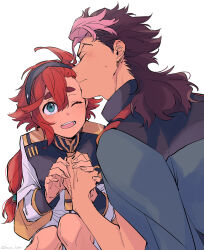 1boy 1girl asticassia_school_uniform black_hairband blue_eyes blush brown_hair guel_jeturk gundam gundam_suisei_no_majo hair_between_eyes hairband hetero highres jacket jacket_on_shoulders kiss kissing_forehead long_hair long_sleeves mullet multi-tied_hair multicolored_hair one_eye_closed own_hands_together pink_hair red_hair school_uniform short_hair_with_long_locks suletta_mercury sweatdrop two-tone_hair upper_body wakaya_hana white_background white_jacket