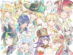 4boys 6+girls absurdres aether_(genshin_impact) ahoge animal_ears aqua_eyes arlecchino_(genshin_impact) black_hair blonde_hair blue_hair boioioq brother_and_sister brown_hair chevreuse_(genshin_impact) closed_mouth cowboy_hat expressionless eyepatch food fox_ears genshin_impact gloves green_hair hands_on_own_cheeks hands_on_own_face hat highres kachina_(genshin_impact) kaeya_(genshin_impact) kaeya_(sailwind_shadow)_(genshin_impact) kirara_(genshin_impact) kirara_(phantom_in_boots)_(genshin_impact) long_hair looking_at_viewer lumine_(genshin_impact) mask mask_on_head multicolored_hair multiple_boys multiple_girls open_mouth orange_hair paimon_(genshin_impact) peaked_cap pink_hair popcorn purple_eyes purple_hair red_eyes short_hair siblings sigewinne_(genshin_impact) simple_background smile tartaglia_(genshin_impact) tighnari_(genshin_impact) two-tone_hair upper_body white_background white_hair yanfei_(genshin_impact)