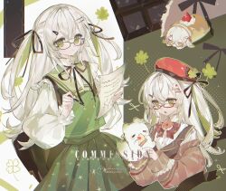1girl a0akumu beret chibi closed_mouth commission creature glasses green_hair green_skirt green_vest grey_hair hat highres holding holding_paper long_sleeves multicolored_hair multiple_views original paper puffy_long_sleeves puffy_sleeves red_hat skirt solo two-tone_hair upper_body vest