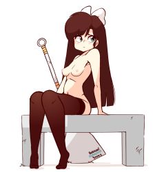 1girl animated animated_gif aqua_eyes artist_name black_hair black_thighhighs blush bow breasts chair cleft_of_venus closed_mouth collarbone crossed_legs dated diives english_text female_focus full_body hair_bow heart highres huge_weapon knees_together_feet_apart kuonji_ukyou leg_up long_hair looking_at_viewer looking_to_the_side medium_breasts navel nipples nude open_mouth pussy ranma_1/2 signature simple_background sitting solo spatula spoken_heart spread_legs talking text_focus thighhighs uncensored weapon white_background white_bow
