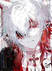 1boy absurdres animal_ear_fluff animal_ears bishounen black_jacket blood blood_drip blood_on_face check_copyright chinese_commentary choker collarbone colored_eyelashes commentary_request commission copyright_request cross cross_choker dated ear_piercing eyepatch fangs fur-trimmed_jacket fur_trim grey_background highres jacket light_frown male_focus open_clothes open_jacket original pale_skin parted_lips piercing pointy_ears portrait red_eyes sample_watermark shirt simple_background solo vihua6 watermark weibo_watermark weibo_watermark white_shirt wolf_ears
