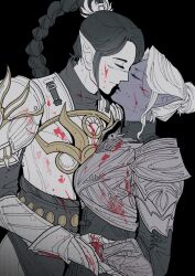 2girls armor baldur&#039;s_gate baldur&#039;s_gate_3 black_background black_hair blood blood_on_clothes blood_on_face boned-woo braid braided_ponytail breastplate closed_eyes commission dungeons_&amp;_dragons dungeons_&amp;_dragons elf from_side gauntlets hair_bun highres imminent_kiss long_hair minthara multiple_girls pauldrons pointy_ears profile scar scar_on_face second-party_source shadowheart_(baldur&#039;s_gate) shoulder_armor simple_background single_hair_bun upper_body white_hair yuri