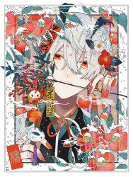 1boy arrow_(projectile) bell bishounen commentary egasumi facial_mark floral_border flower hair_between_eyes hamaya highres holding holding_arrow japanese_clothes jingle_bell looking_at_viewer male_focus orange_nails original red_flower shira_mame93 short_hair smoke snow_rabbit solo symbol-only_commentary upper_body weapon white_hair winter