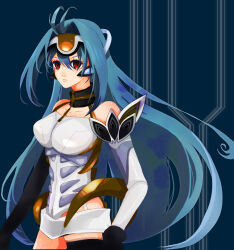 1girl android blue_hair breasts commentary eyelashes forehead_protector hair_between_eyes highres kos-mos large_breasts long_hair moguna red_eyes solo very_long_hair xenosaga xenosaga_episode_i
