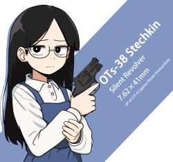 1girl absurdres black_eyes black_hair blue_background english_text gas-seal_revolver glasses gun handgun highres holding holding_gun holding_weapon laser long_hair looking_at_viewer mr.j.and_(artist) original ots-38_stechkin_silent_revolver revolver russian_text simple_background snubnosed_revolver trigger_discipline two-tone_background weapon weapon_focus weapon_name white_background