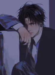 1boy arm_up black_hair black_necktie black_pants black_suit chrollo_lucilfer closed_mouth collared_shirt facial_mark forehead_mark formal_clothes highres hunter_x_hunter jacket layered_sleeves long_sleeves looking_at_viewer male_focus necktie open_clothes open_jacket pants parted_bangs pinstripe_pants pinstripe_pattern shirt solo suit suit_jacket twistedfei white_shirt wing_collar