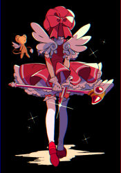 1girl 1other back black_background card cardcaptor_sakura commentary dress facing_away frilled_dress frills full_body glint gloves hat holding holding_card holding_wand kero_(cardcaptor_sakura) kinomoto_sakura kinomoto_sakura_(magician) magical_girl puffy_short_sleeves puffy_sleeves red_dress red_hat red_shoes sanamaru_(sana79261827) shoes short_sleeves simple_background sparkle thighhighs wand white_gloves white_thighhighs white_wings wings
