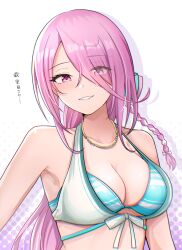 absurdres hair_ornament hair_over_one_eye heaven_burns_red highres jewelry kura_satomi long_hair looking_at_viewer necklace pink_hair rrtp smile swimsuit translucent_hair white_background