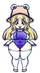 Rule 34 | 1girl, barefoot, blonde hair, blue eyes, blush stickers, bodysuit, breasts, brown hat, feet, full body, hat, large breasts, long hair, looking at viewer, moriya suwako, plump, purple vest, pyonta, simple background, skindentation, solo, thatartistann, thick thighs, thighhighs, thighs, tongue, tongue out, touhou, vest, white background, white bodysuit, white thighhighs, wide hips