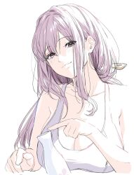 bare_shoulders blush breasts cleavage closed_mouth collarbone goddess_of_victory:_nikke grey_hair highres large_breasts leotard light_smile long_hair looking_at_viewer orange_eyes scarlet_(nikke) shinoe_nun tokkuri white_leotard