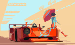 1girl absurdres black_hair boots car caution facing_away female_focus fxx highres motor_vehicle on_car original outstretched_leg short_hair sitting solo umbrella vehicle_focus vehicle_request