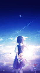 1girl absurdres amenomori_howa arm_behind_back artist_name black_dress black_hair bouquet cloud commentary_request contrail dress feet_out_of_frame flock flower from_behind highres holding holding_bouquet lens_flare light_particles long_hair low_twintails moon original outdoors pinafore_dress pleated_dress road_sign scenery school_uniform shirt short_sleeves sign simple_bird sky sleeveless sleeveless_dress solo standing twintails white_shirt