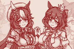 Rule 34 | 2girls, animal ears, aston machan (umamusume), bow, bowtie, breasts, brown theme, center frills, closed mouth, commentary request, crown, detached sleeves, ear covers, frills, hat, heart, holding hands, horse ears, horse girl, large breasts, long hair, looking at viewer, lowres, monochrome, multiple girls, puffy detached sleeves, puffy sleeves, shiodanx, short hair, single ear cover, smile, umamusume, upper body, yamanin zephyr (umamusume)