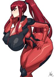 Rule 34 | 1girl, absurdres, ass, bodysuit, breasts, cleavage, cosplay, covered erect nipples, cowboy shot, erza scarlet, fairy tail, high ponytail, highres, huge breasts, izayoi aki, izayoi aki (cosplay), long hair, ponytail, red bodysuit, red hair, simple background, solo, white background, xhaart, yu-gi-oh!, yu-gi-oh! 5d&#039;s