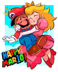 Rule 34 | 1boy, 1girl, blonde hair, blush, brown hair, closed eyes, crown, danny but spooky, dress, earrings, facial hair, gloves, hat, high heels, highres, hug, jewelry, long hair, looking at another, mario, mario (series), mario day, mustache, nintendo, overalls, pink dress, princess peach, super star (mario)