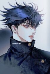 Rule 34 | 1boy, black hair, black jacket, blue eyes, closed mouth, commission, fushiguro megumi, grey background, ha ppy 0, hair over eyes, highres, jacket, jujutsu kaisen, jujutsu tech uniform, lips, looking to the side, male focus, nose, short hair, simple background, solo, spiked hair, undercut