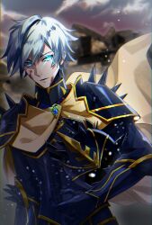 Rule 34 | armor, black armor, blood, blood on face, blue eyes, commission, gem, glowing, glowing eyes, gold armor, gold cape, grey hair, helmet, highres, holding, holding unworn helmet, kometa, original, ruins, shoulder spikes, skeb commission, spikes, unworn headwear, unworn helmet