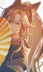 1boy alternate_costume animal_ear_fluff animal_ears bishounen black_kimono brown_hair flower folding_fan fox_boy fox_ears grey_eyes hair_between_eyes hair_ornament hand_fan holding holding_fan japanese_clothes kemonomimi_mode kimono long_hair long_sleeves looking_at_viewer male_focus modao_zushi parted_bangs parted_lips ponytail portrait rateitigo simple_background smile solo tassel tassel_hair_ornament upper_body wei_wuxian white_background
