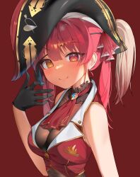 1girl absurdres arrow_through_heart ascot bicorne black_gloves breasts cleavage closed_mouth collared_jacket cropped_jacket eyepatch eyepatch_pull gloves hair_between_eyes hair_ribbon hand_up hat heterochromia highres hololive houshou_marine jacket large_breasts leotard leotard_under_clothes light_blush long_hair looking_at_viewer pirate_hat red_ascot red_background red_eyes red_hair red_jacket red_ribbon ribbon see-through_clothes see-through_cleavage see-through_leotard sleeveless sleeveless_jacket smile solo twintails upper_body virtual_youtuber wodnjs6712 yellow_eyes