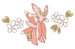 evolutionary_line flower flower_request fomantis full_body game_freak gen_7_pokemon leaf looking_at_viewer lurantis nintendo no_humans pink_eyes pokemon pokemon_(creature) praying_mantis satsumapotato simple_background white_background white_flower