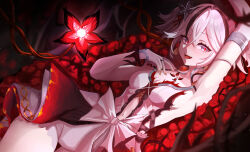1girl absurdres arm_up armpits black_eyes black_flower blake_bloom_(wuthering_waves) breasts camellya_(wuthering_waves) clothing_cutout collar collarbone earrings flower flower_on_chest glowing glowing_flower gold_earrings hair_between_eyes hair_flower hair_ornament hair_vines highres jewelry kku_ri_92 looking_at_viewer lying medium_breasts navel on_back open_mouth red_flower red_pupils short_hair sideless_dress smile solo stomach_cutout tacet_mark_(wuthering_waves) white_collar white_hair wuthering_waves