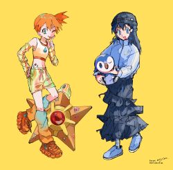 017_75 2girls absurdres asymmetrical_hair bare_arms bare_legs bare_shoulders blue_eyes blue_hair blue_shorts breasts casual creatures_(company) dawn_(pokemon) dress female_focus game_freak gen_1_pokemon gen_4_pokemon green_eyes gym_leader hair_down hair_tie hat highres legs long_hair looking_at_viewer miniskirt misty_(pokemon) multiple_girls navel nintendo one_eye_closed open_mouth orange_hair piplup pokemon pokemon_dppt pokemon_rgby ponytail shirt short_hair shorts side_ponytail skirt small_breasts smile standing staryu tank_top thighs wink yellow_shirt yellow_tank_top