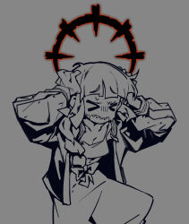 Rule 34 | &gt; &lt;, 1girl, absurdres, affliction (darkest dungeon), black halo, bocchi the rock!, darkest dungeon, grey background, greyscale, halo, hands on own head, highres, hiroi kikuri, jacket, monochrome, open clothes, open jacket, open mouth, ponytail, red halo, solo, waa153