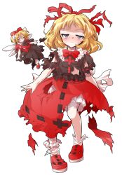 Rule 34 | 2girls, alphes (style), back bow, black shirt, black skirt, blonde hair, bloomers, blue eyes, blush, bow, bowtie, collared shirt, commentary request, contrast collar, dairi, defeat, fairy wings, frilled shirt collar, frilled socks, frills, full body, hair ribbon, half-closed eyes, large variant set, long skirt, medicine melancholy, medium hair, multiple girls, parody, puffy short sleeves, puffy sleeves, red bow, red bowtie, red ribbon, red shirt, red shoes, red skirt, ribbon, ribbon-trimmed skirt, ribbon trim, shirt, shoes, short sleeves, skirt, socks, style parody, su-san, tachi-e, torn clothes, touhou, transparent background, underwear, variant set, white bloomers, white bow, white socks, wings