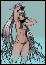 1girl absurdres arm_up armpits bikini black_bikini black_gloves black_tail blue_archive blue_background breasts commentary cowboy_shot dark-skinned_female dark_skin demon_tail english_commentary gloves gradient_background grey_hair hair_over_one_eye halo highres iori_(blue_archive) light_frown long_hair multi-strapped_bikini_bottom purple_halo red_eyes robotboy_22 simple_background small_breasts solo standing swimsuit tail thighs toned toned_female very_long_hair wide_hips