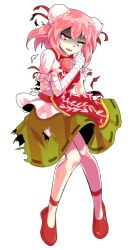 1girl bandaged_arm bandages breasts bun_cover commentary dairi double_bun flower full_body green_skirt hair_between_eyes hair_bun hand_up ibaraki_kasen knees_together_feet_apart large_variant_set medium_breasts medium_hair open_mouth pink_eyes pink_flower pink_hair print_tabard puffy_short_sleeves puffy_sleeves red_ribbon red_shoes red_tabard ribbon shaded_face shirt shoes short_sleeves skirt solo standing sweatdrop tabard tachi-e thighs torn_clothes torn_shirt torn_skirt torn_tabard touhou variant_set white_shirt