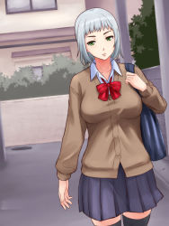Rule 34 | 1girl, bag, blazer, blue skirt, bow, bowtie, breasts, collared shirt, cowboy shot, female focus, green eyes, highres, jacket, large breasts, legs, long sleeves, looking at viewer, nightmare express, original, outdoors, over shoulder, road, school bag, school uniform, serious, shimano natsume, shirt, short hair, skirt, solo, standing, street, thighhighs, thighs, walking, white hair, zettai ryouiki