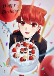 Rule 34 | 1girl, absurdres, akechi gorou, amamiya ren, balloon, birthday cake, black jacket, blush, cake, character doll, commentary, confetti, ehe02750888, english commentary, english text, food, hair ribbon, happy birthday, highres, holding, jacket, kitagawa yuusuke, long hair, long sleeves, looking at viewer, morgana (persona 5), niijima makoto, okumura haru, open mouth, persona, persona 5, persona 5 the royal, ponytail, red eyes, red hair, red ribbon, ribbon, sakamoto ryuuji, sakura futaba, school uniform, shuujin academy school uniform, smile, solo, takamaki anne, yoshizawa kasumi
