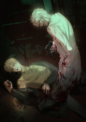 2boys absurdres aqua_eyes atou_haruki black_jacket black_pants black_shoes blood blood_on_clothes blood_on_face blood_on_hands chinese_commentary clenched_teeth closed_eyes commentary_request film_grain gun handgun highres holding holding_gun holding_weapon jacket kanou_aogu lapels long_sleeves lying male_focus multiple_boys notched_lapels on_back open_clothes open_jacket open_mouth pants saibou_shinkyoku shoes short_hair smile standing sweater teeth turtleneck turtleneck_sweater weapon white_hair yellow_sweater zhili_yuan