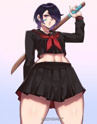 1girl artist_name bandaid bandaid_on_face black_hair black_skirt bleach bleach:_sennen_kessen-hen breasts female_focus highres holding holding_weapon kuchiki_rukia lips luchidart medium_hair school_uniform shiny_skin simple_background skirt small_breasts sword teeth weapon wooden_sword