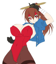 1990s_(style) 1girl arm_up breakers breasts brown_hair cleavage covered_erect_nipples gloves haruna_mika_(smash_daisaku) headband holding jacket leather leather_jacket leotard looking_at_viewer pantyhose ponytail retro_artstyle smash_daisaku smile thigh_gap tia_langray wedgie wrist_wrap
