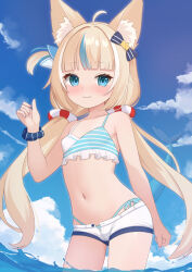 1girl ahoge animal_ear_fluff animal_ears bikini blonde_hair blue_bikini blue_bow blue_eyes blue_scrunchie blue_streaks blunt_bangs blush bow cat_ears cloud cloudy_sky commentary_request fins fish_girl fish_tail frilled_bikini_top hair_bow indie_virtual_youtuber lifebuoy_hair_ornament loli long_hair looking_at_viewer low_twintails multicolored_hair navel nc731 one_side_up outdoors paid_reward_available partially_unbuttoned sameko_saba scrunchie short_shorts shorts side-tie_bikini_bottom sky smile solo streaked_hair striped_bikini striped_clothes swimsuit tail twintails variant_set very_long_hair virtual_youtuber wading water white_shorts wrist_scrunchie