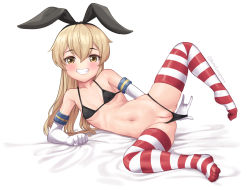 artist_name bare_shoulders batazungharn bed_sheet bikini bikini_pull black_bikini breasts cleft_of_venus clitoris clothes_pull collarbone grin hair_between_eyes highres kantai_collection leg_lift long_hair looking_at_viewer lying navel on_side pulling_own_clothes pussy sheet_grab shimakaze_(kancolle) shiny_clothes simple_background small_breasts smile striped_legwear swimsuit teeth thighhighs uncensored white_background white_legwear