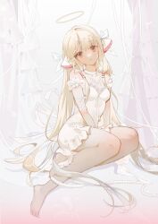 1girl arm_ribbon arm_strap bare_legs barefoot between_legs blonde_hair bow breasts brown_eyes chii chobits cleavage closed_mouth commentary_request dress full_body hair_bow hair_spread_out haitu halo hand_between_legs head_tilt highres jewelry long_hair looking_at_viewer necklace persocom_(chobits) ribbon short_dress sitting sleeveless sleeveless_dress small_breasts solo very_long_hair white_bow white_dress white_ribbon