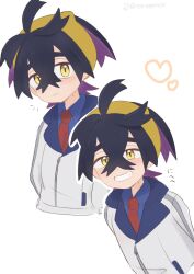 1boy arms_behind_back black_hair blue_shirt blush closed_mouth collared_shirt grey_jacket grin hair_between_eyes hairband heart highres jacket kieran_(pokemon) long_sleeves looking_at_viewer male_focus mole mole_on_neck multicolored_hair multiple_tails nintendo pokemon pokemon_sv purple_hair shirt simple_background smile tail twitter_username upper_body white_background yellow_eyes yellow_hairband zerozerokiss
