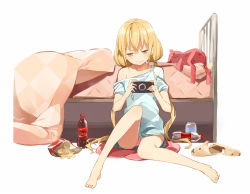 10s 1girl animal_slippers bad_id bad_pixiv_id bare_legs barefoot blonde_hair brown_eyes bunny_slippers chips_(food) feet female_focus food full_body futaba_anzu hair_ornament handheld_game_console idolmaster idolmaster_cinderella_girls long_hair no_pants panda_(pandadesu) panties pantyshot playing_games playstation_portable shirt_slip sitting slippers soda solo stuffed_animal stuffed_rabbit stuffed_toy twintails underwear very_long_hair white_background