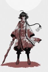 1other ahoge amenomurakumo-no-tsurugi_(fate) androgynous blood blood_in_hair blood_on_clothes blood_on_face blood_on_feet blood_on_hands bloody_weapon braid closed_eyes fate/samurai_remnant fate_(series) full_body greyscale hair_intakes highres japanese_clothes jewelry monochrome necklace oh_chibi_bi sandals sheath sidelocks single_braid spot_color standing sword twitter_username unsheathed weapon yamato_takeru_(fate)
